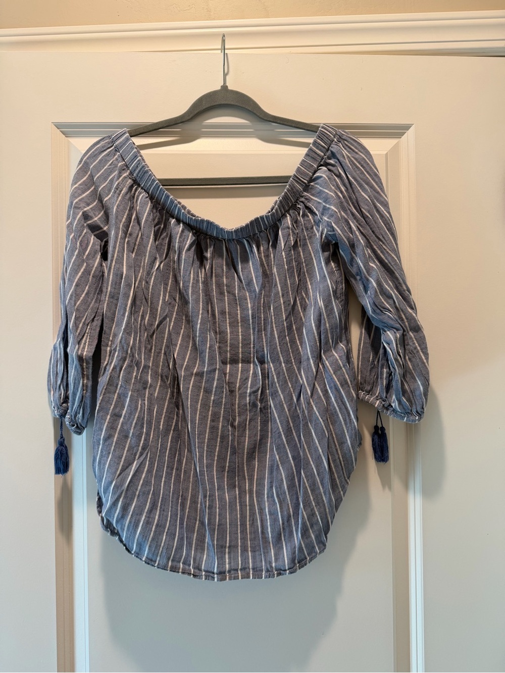 Old Navy Blue and White Striped Off-Shoulder Blouse